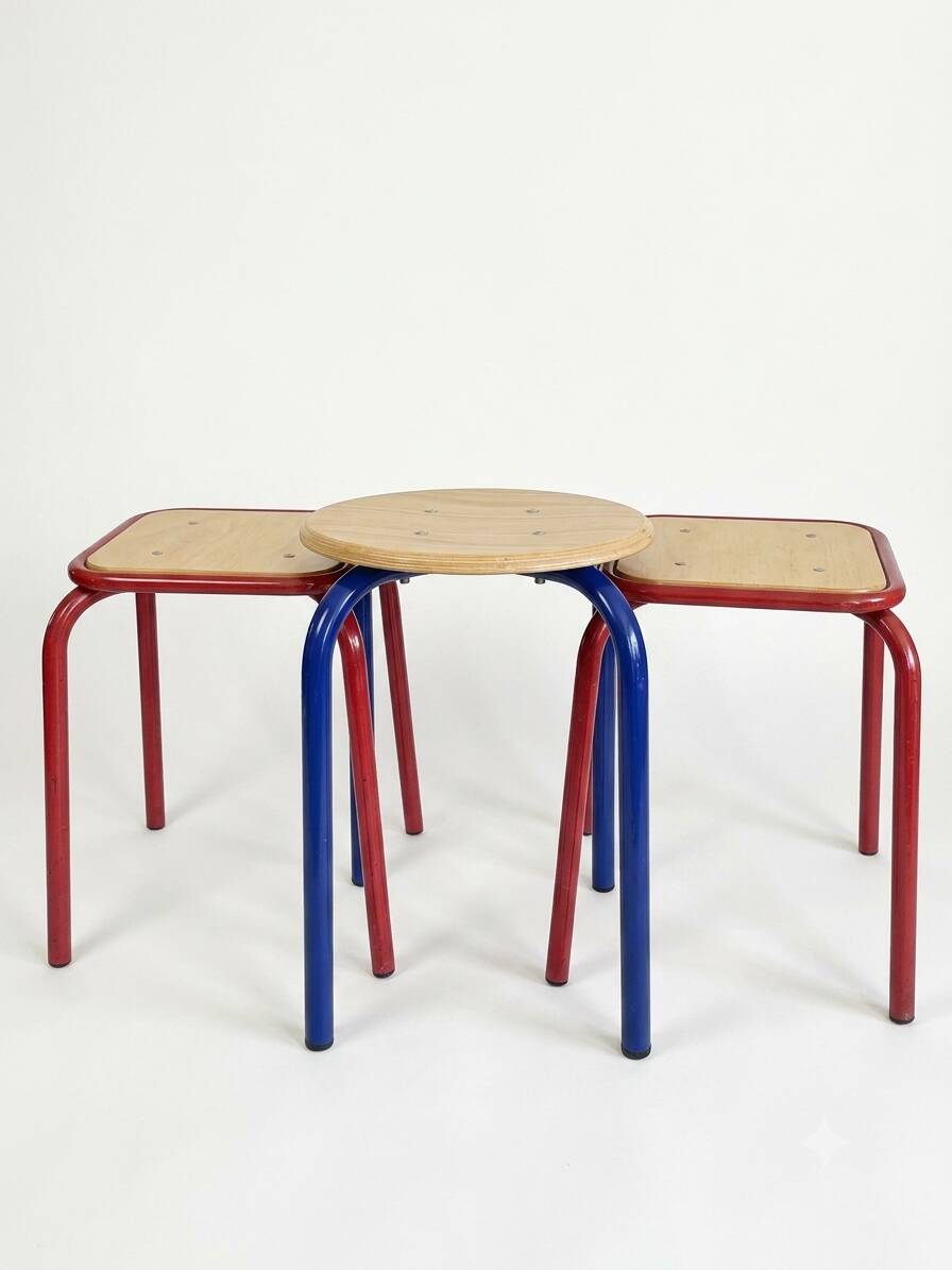 Vintage workshop style stool trio – 2 red & 1 blue