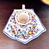 Handcrafted enameled ceramic candle holder signed vintage Rouen style decor