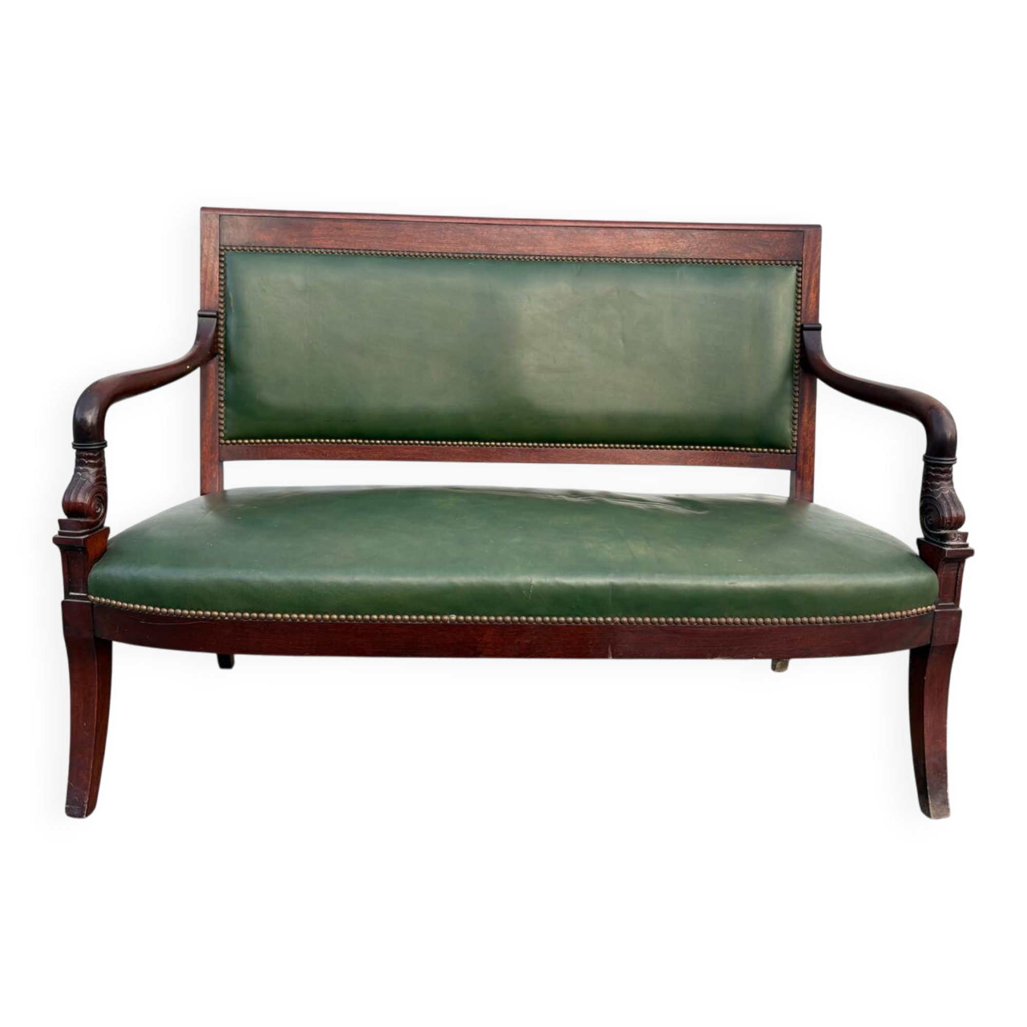 Empire style bench in mahogany and green leather
