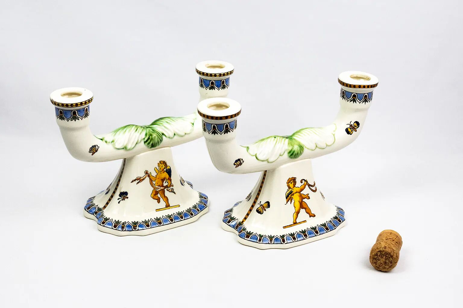 Pair of Renaissance candlesticks in earthenware – Gien pottery, 1970s