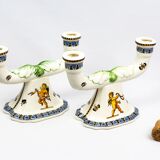 Pair of Renaissance candlesticks in earthenware – Gien pottery, 1970s