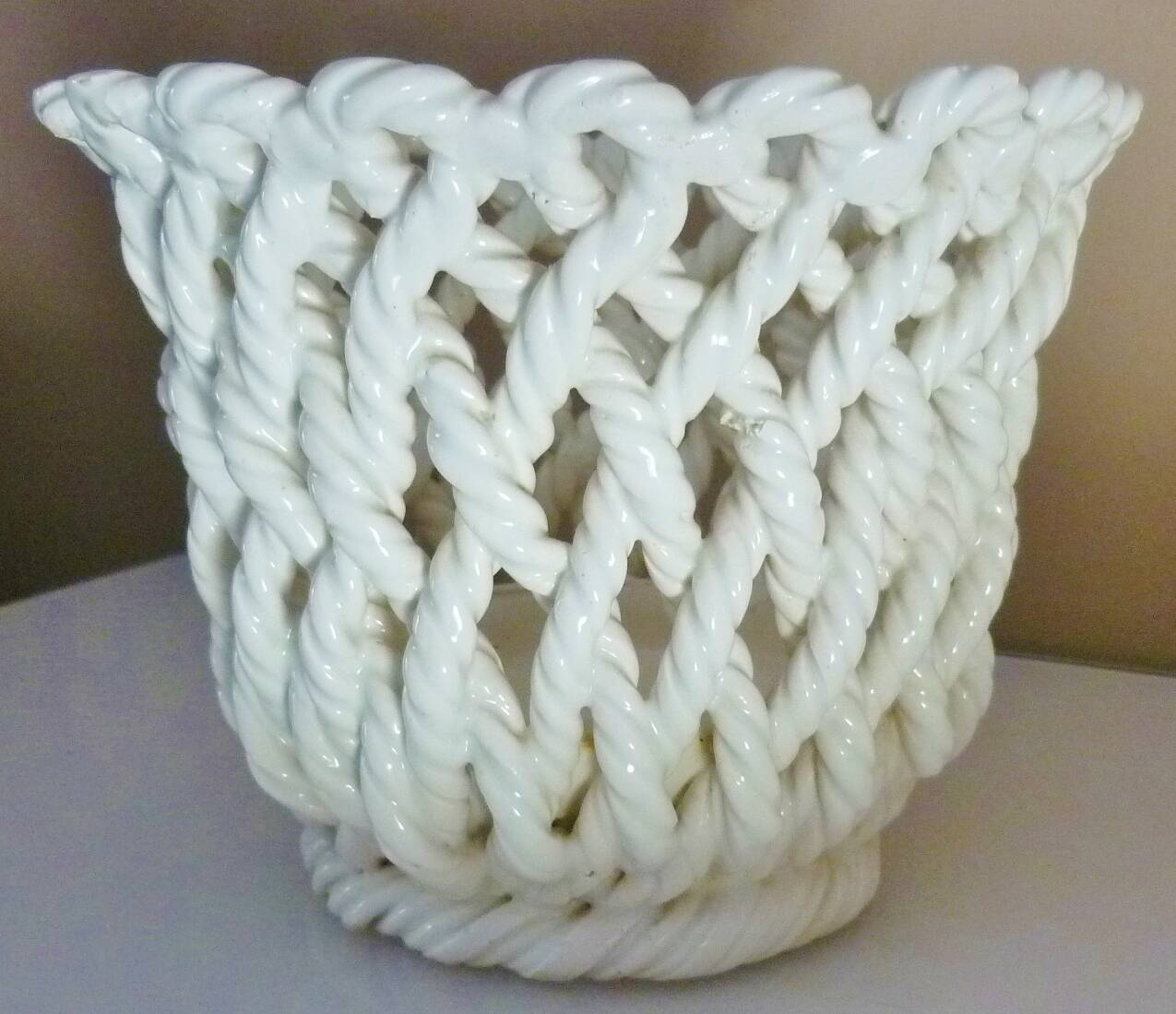 White enameled ceramic pot cover, braided, openwork, vintage