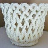 White enameled ceramic pot cover, braided, openwork, vintage