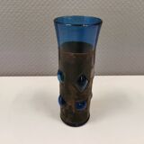 Brutalist style vase with inner blue glass mouth-blown out through the metal "frame".