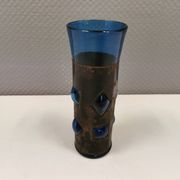 Brutalist style vase with inner blue glass mouth-blown out through the metal "frame".