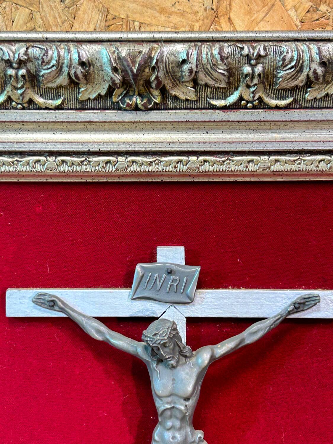 Crucifix, christ, on red velvet frame, silver wood, 50s, 60s, vintage