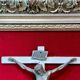Crucifix, christ, on red velvet frame, silver wood, 50s, 60s, vintage