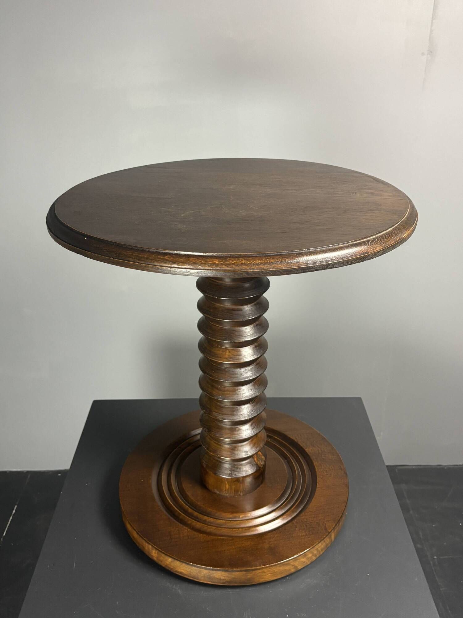 Midcentury brutalist wood turned side table, Charles Dudouyt style, 1950s