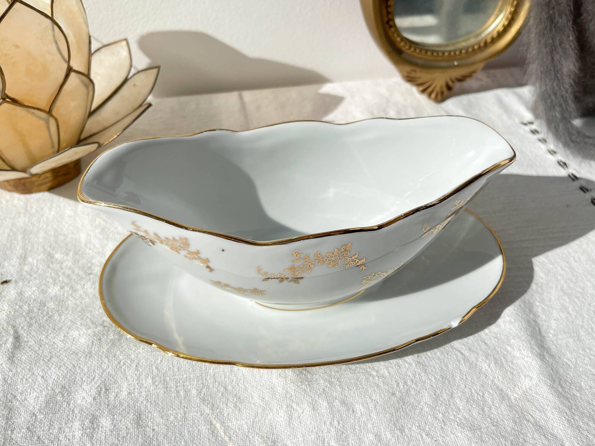 J&Ciem France 1950 white gilded porcelain sauce boat with floral pattern