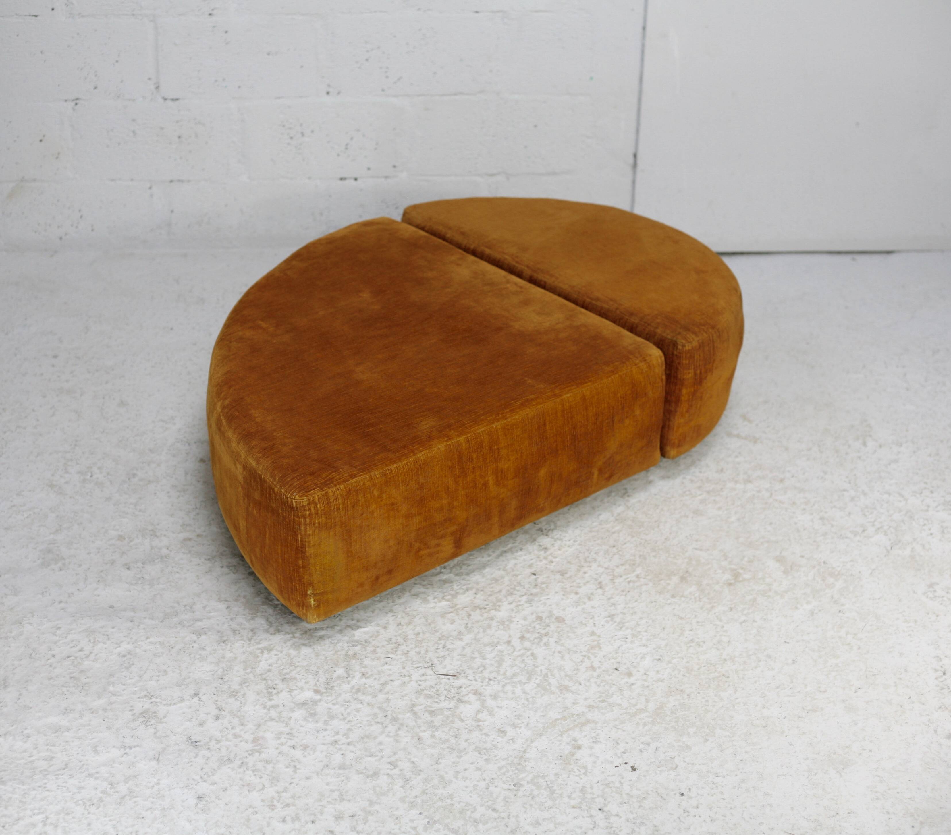 Pair of “tawny” velvet seats. Foam, wood, velvet. Circa 1970