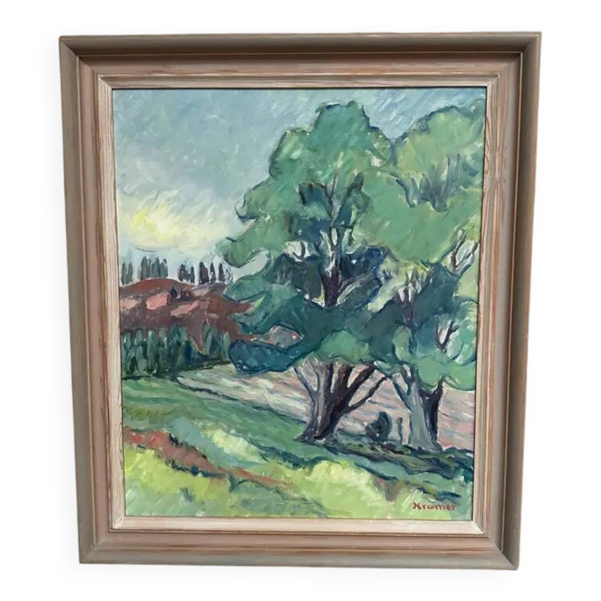 Original Swedish Oil on Canvas – "Landscape Composition" by Kramer – Signed – Vintage and Framed – 72 × 62 cm (28.3" × 24.4")
