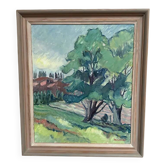 Huile sur toile originale suédoise – "Composition de paysage" par Kramer – Signée – Vintage et encadrée – 72 × 62 cm (28,3" × 24,4")