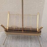 1960s brass folding magazine rack with lacquered wood decoration.