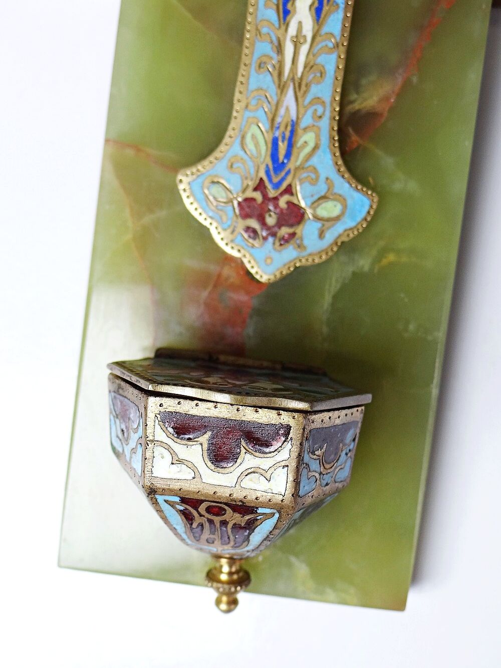 Vintage wall-mounted holy water font in onyx and cloisonné enamel, Italy, 1960s-1970s.