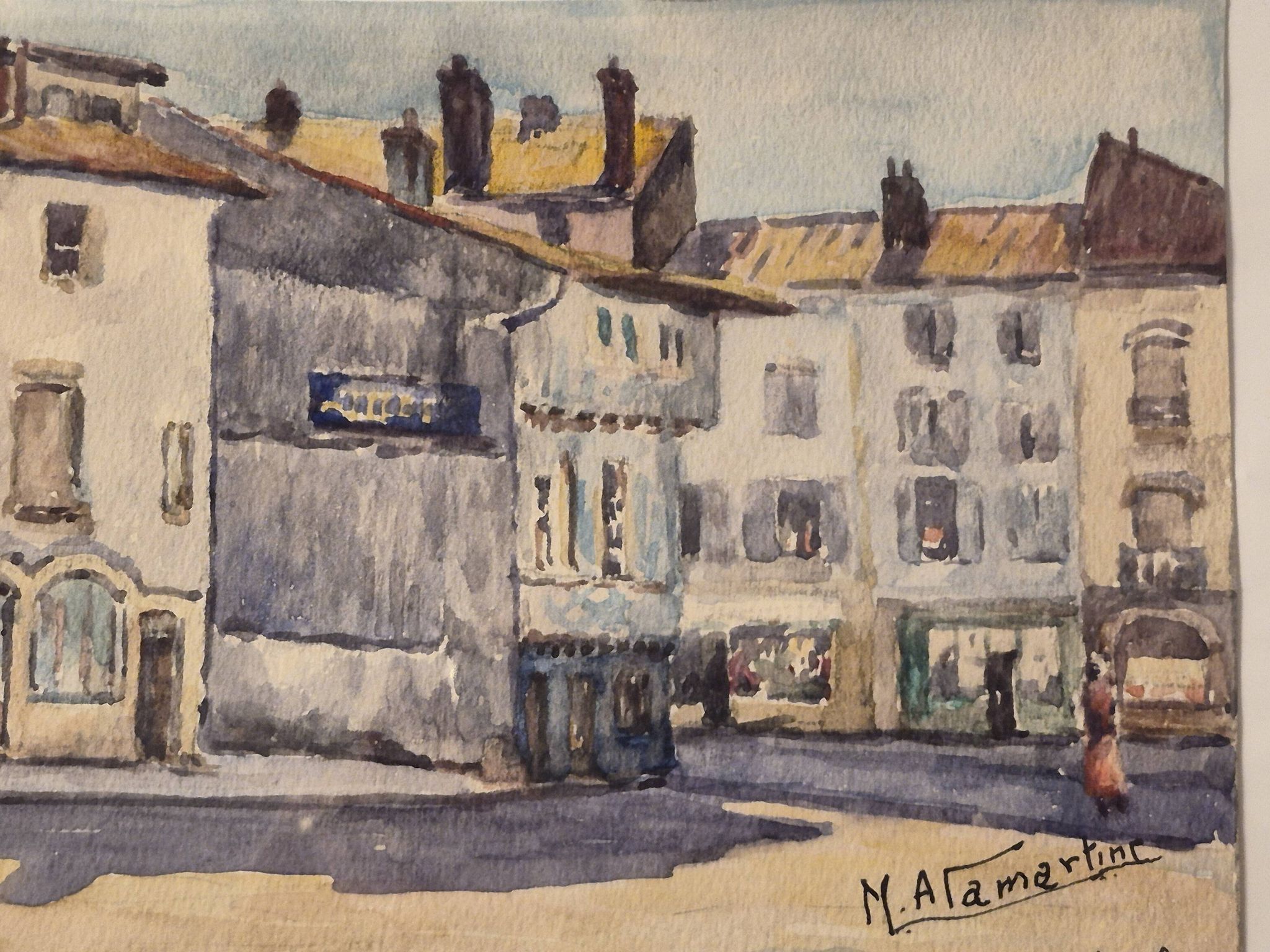 Old watercolour signed marius alamartine "hôtel de la halle" in charlieu