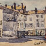Old watercolour signed marius alamartine "hôtel de la halle" in charlieu