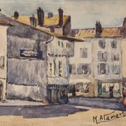 Old watercolour signed marius alamartine "hôtel de la halle" in charlieu