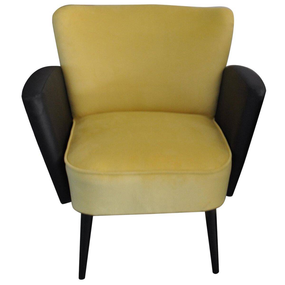 Pair of vintage 1950s cocktail chairs in yellow velvet and black faux leather, wooden frame.