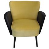 Pair of vintage 1950s cocktail chairs in yellow velvet and black faux leather, wooden frame.
