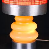 Seventies chrome & ceramic lamp, with original wool lampshade, France 1970s
