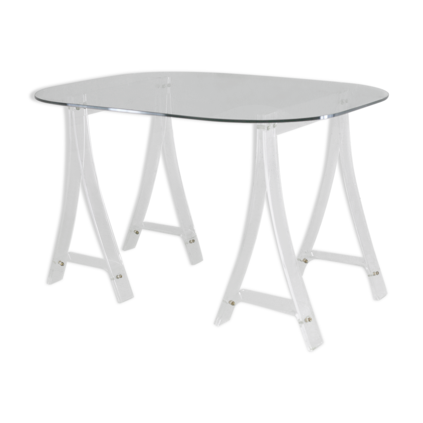 Office Plexiglas trestles, glass tray rounded edges, France, circa 1970
