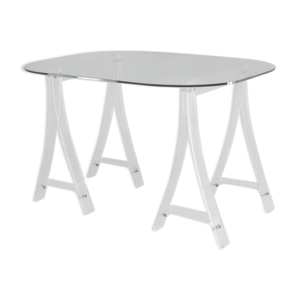bureau tréteaux plexiglas, plateau verre bords arrondis, France, circa 1970