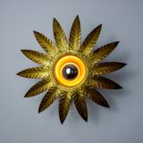 Sun wall lamp by ferro arte, metal and gold leaf, Spain, 1960