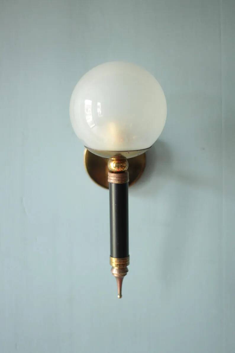 Pair of vintage wall sconces, brass sconce and opaque glass globe, vintage lamp, wall lamp, 50s.