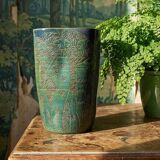 Vintage blue-green artisan pottery vase with incised tribal decoration Eseka Pottery.