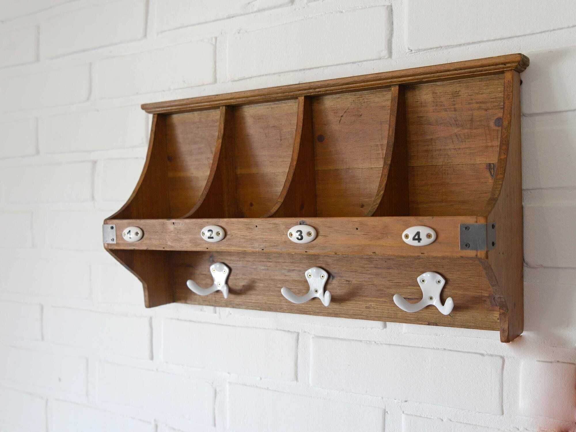 Vintage Wall Wooden Shelf / Mid Century Mail Organizer / Key Holder
