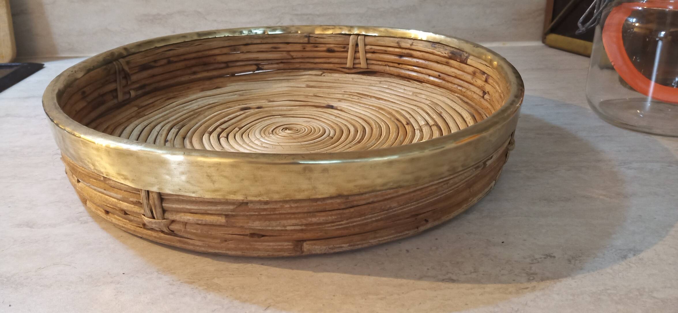 Bauhaus rattan tray with gilded brass edge, G. Crespi