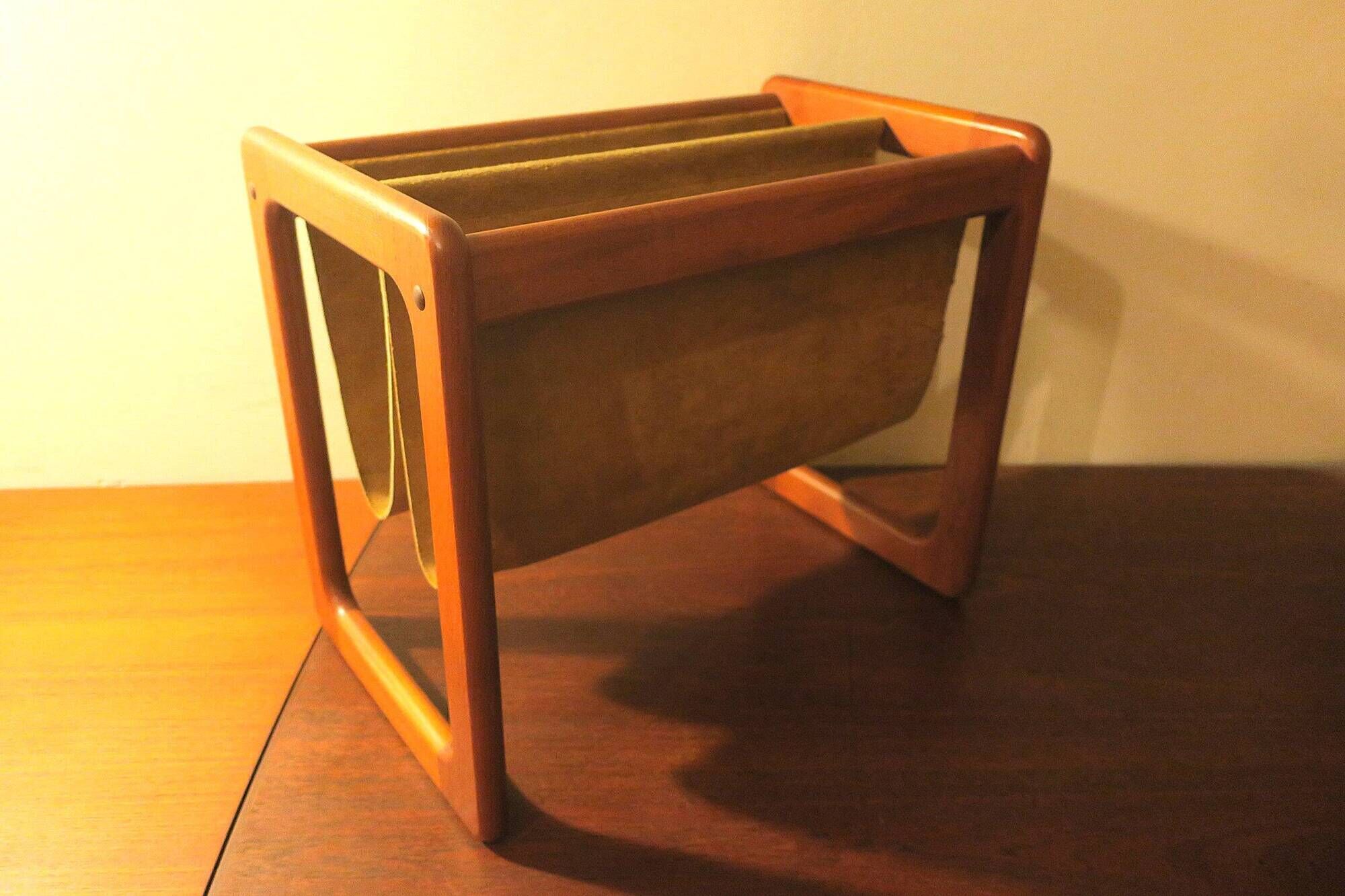 Magazinr rack in teak and suede leather by Aksel Kjersgaard, 1960s