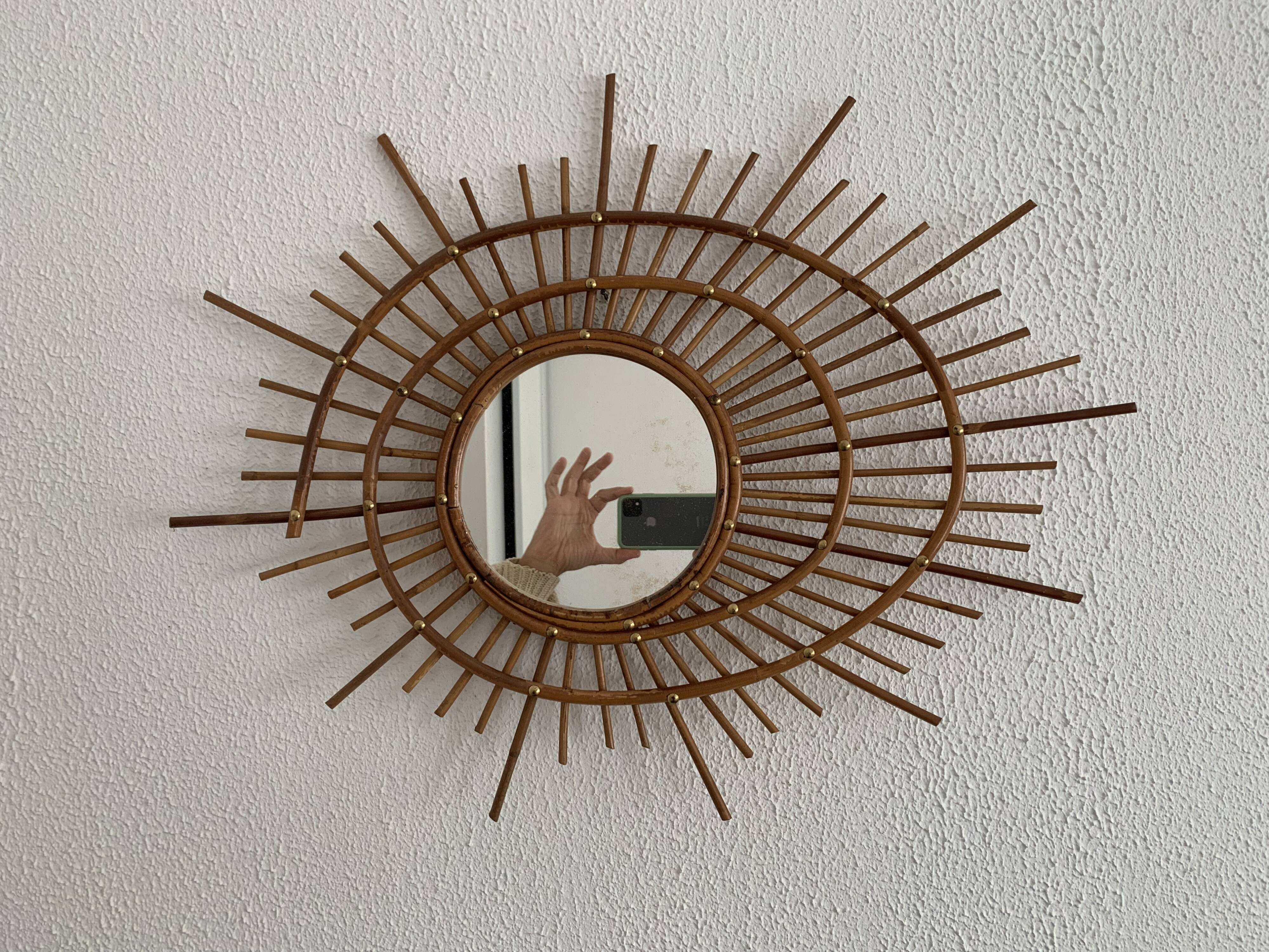Vintage 1960s sunburst mirror, rattan wicker, ortf spiral design - 68 x 52 cm