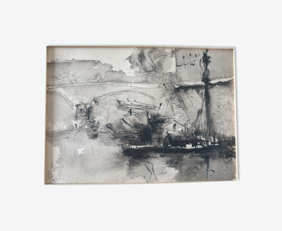 André Duculty (1912-1990) Ink wash on paper "Pont Notre Dame de Paris ou pont des changes"
