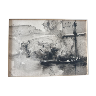 André Duculty (1912-1990) Ink wash on paper "Pont Notre Dame de Paris ou pont des changes"