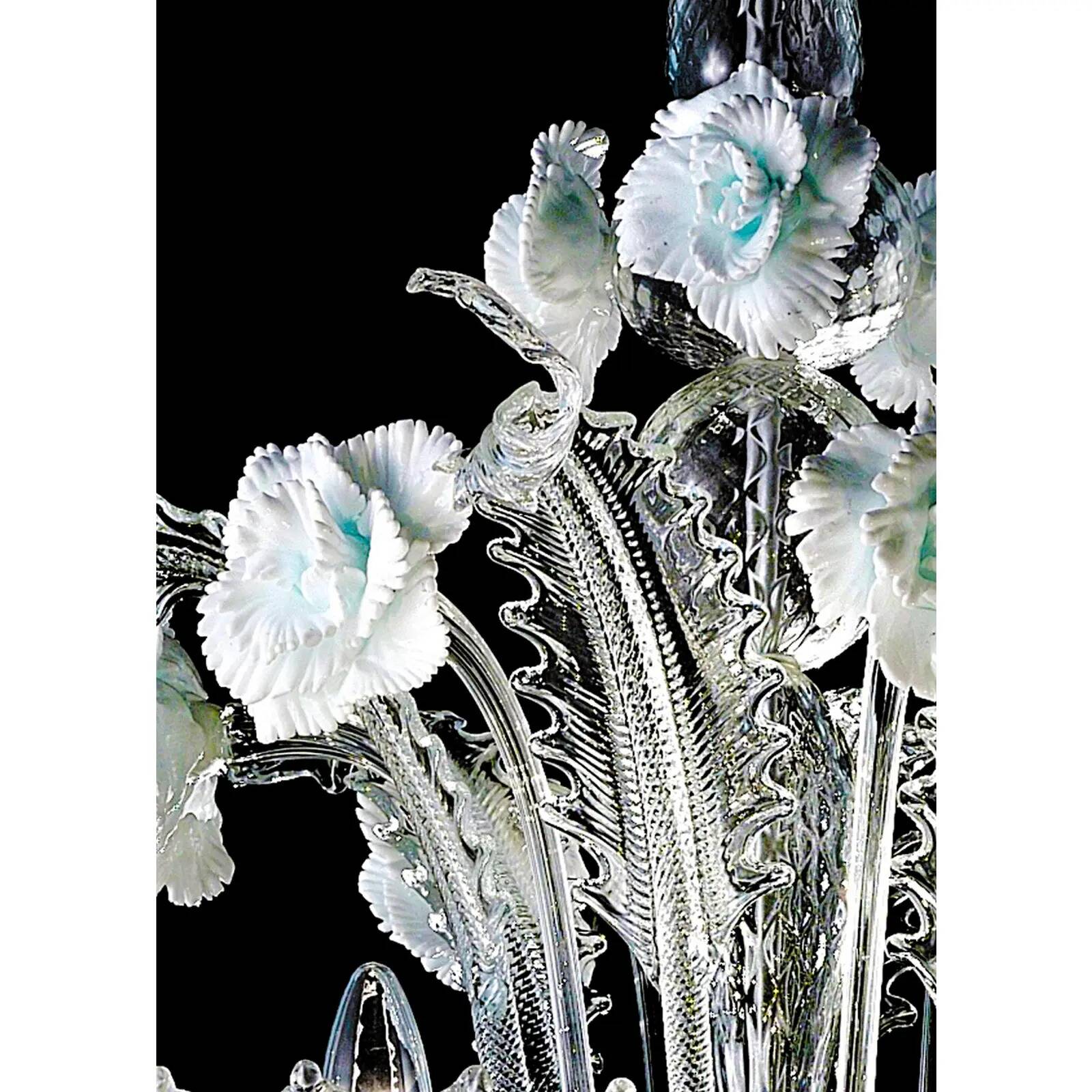 Luxury Romantic Venetian Floral Murano Glass Chandelier in White & Clear