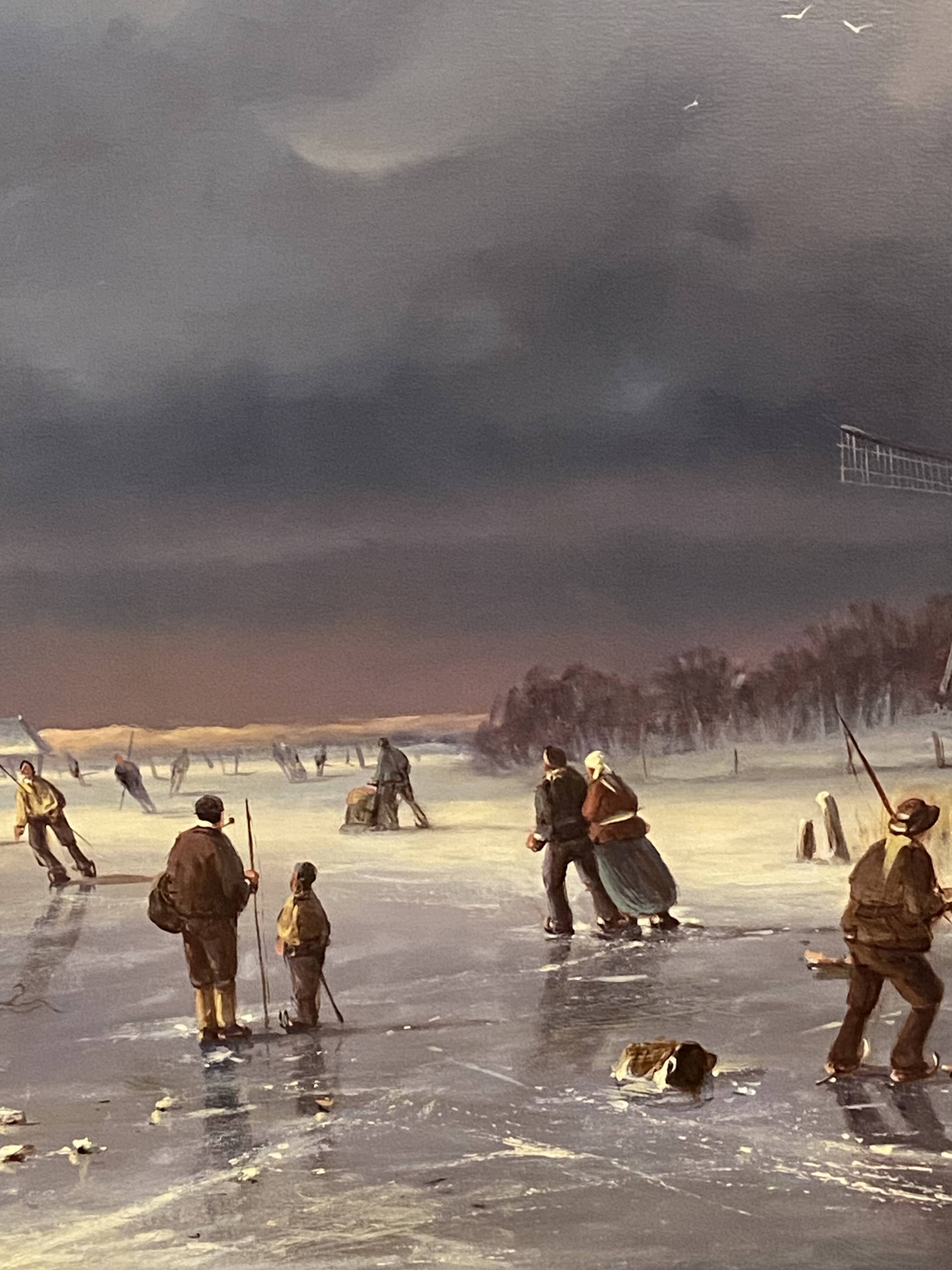 Huge oil painting on canvas Dutch school winter landscape 164x132