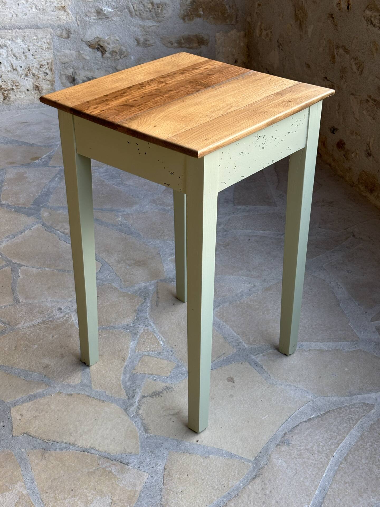 Restored antique oak bedside table - almond green and natural varnished wood