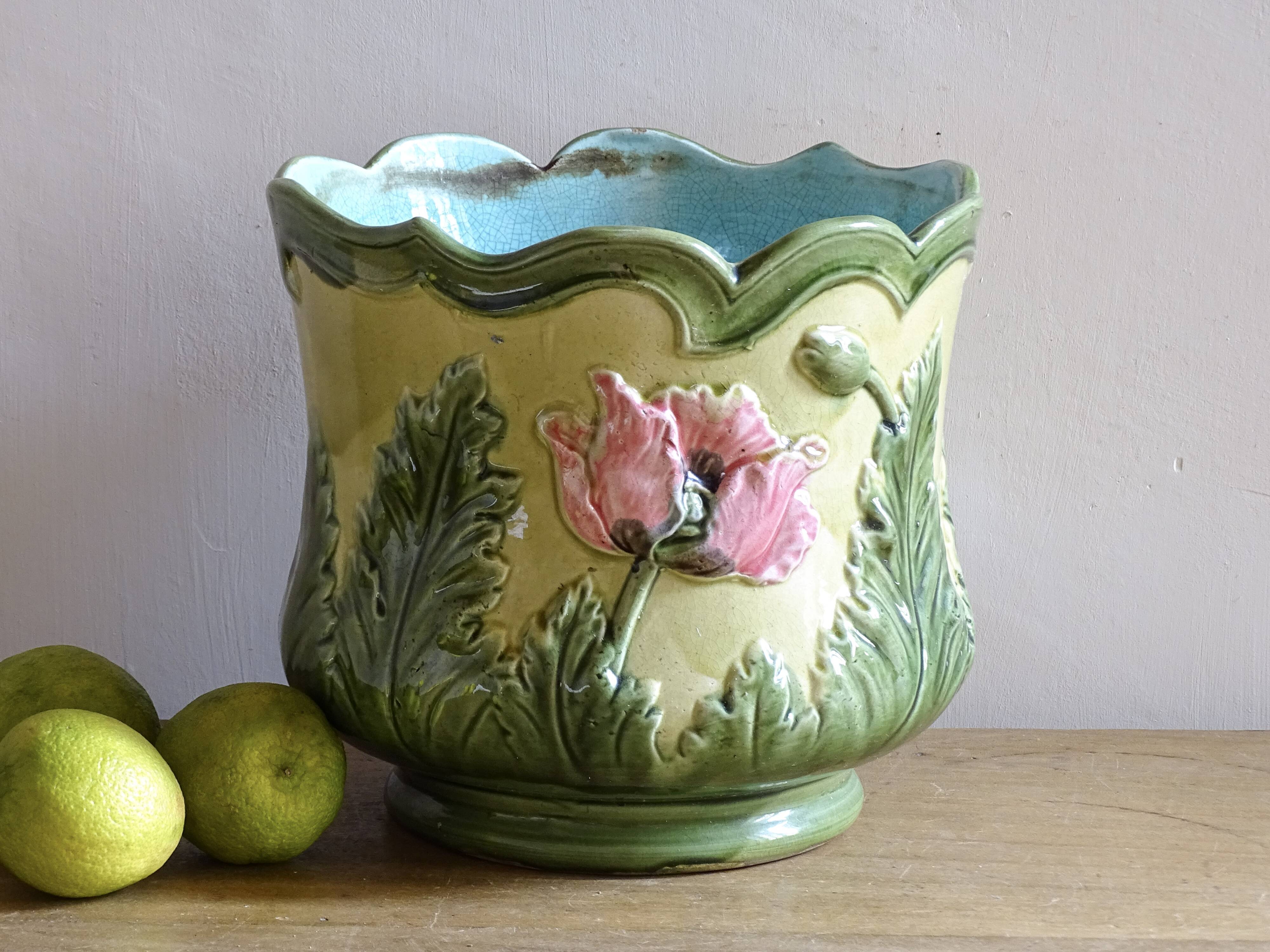 Antique Ceramic Cache Pot with Poppies, Art Nouveau Planter