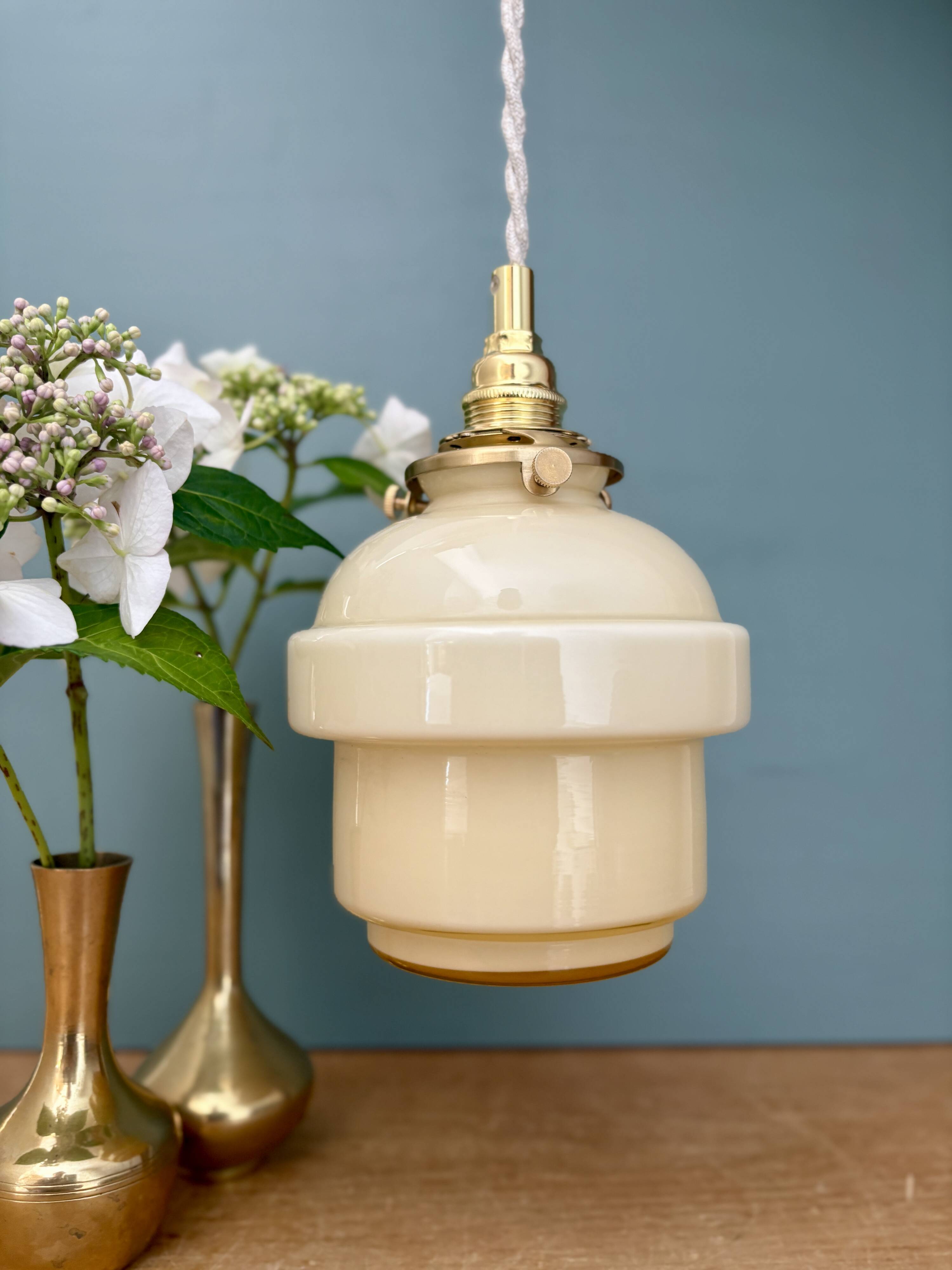Vintage globe pendant light in pale yellow opaline glass