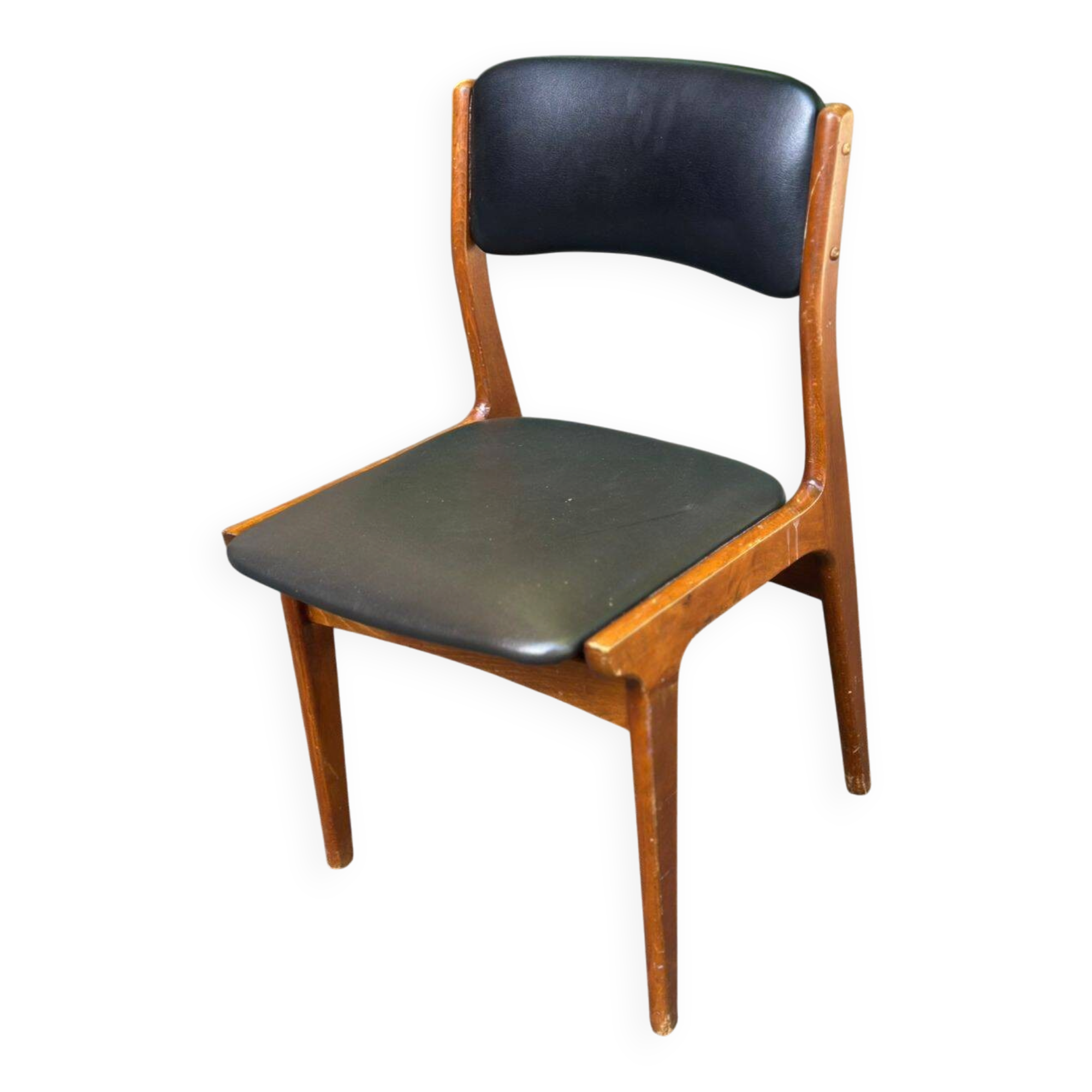 Chaise à manger scandinave en bois massif et cuir noir Danemark 1960