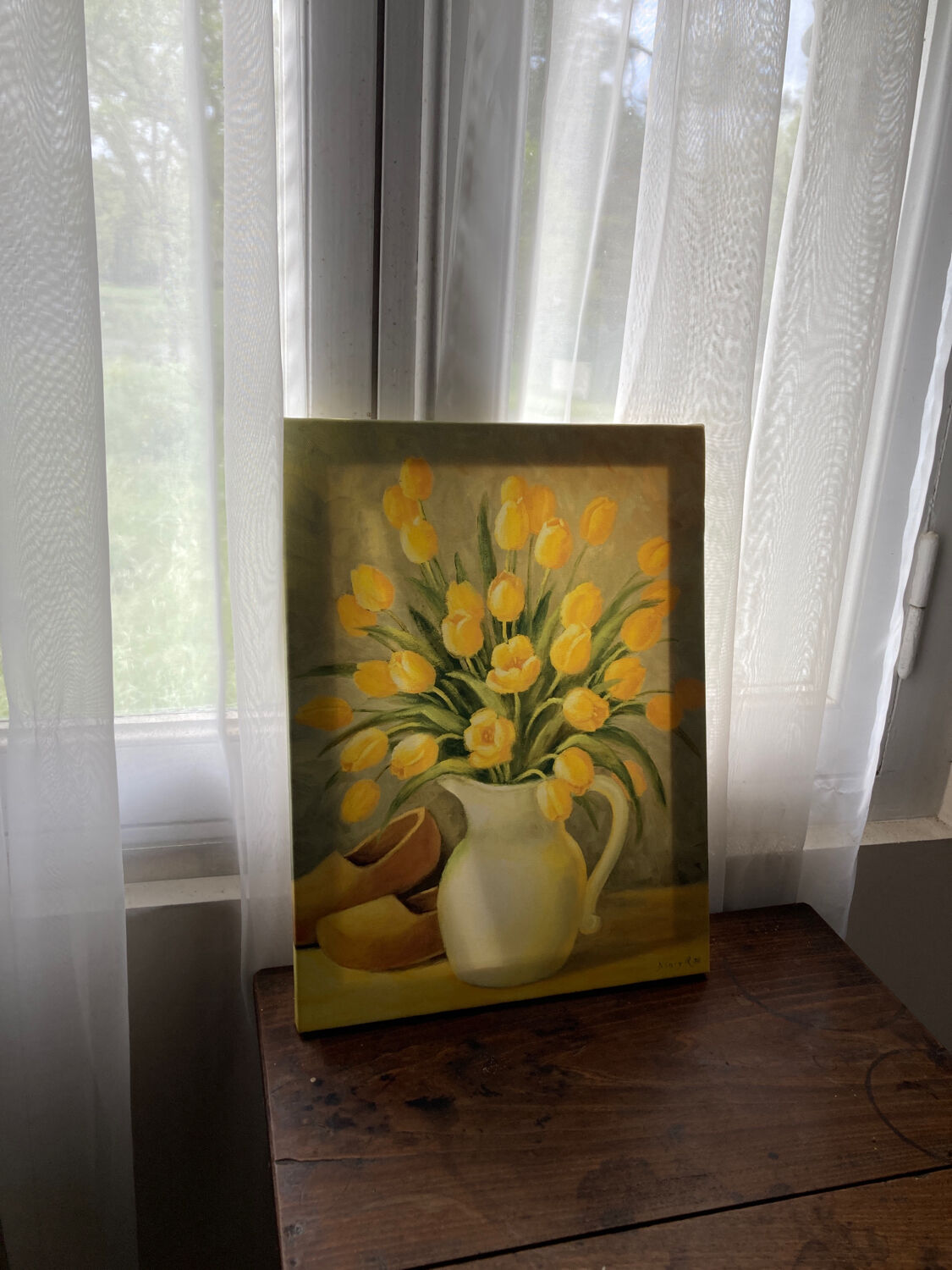 Bouquet of flowers including tulip and yellow pitcher