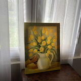 Bouquet of flowers including tulip and yellow pitcher