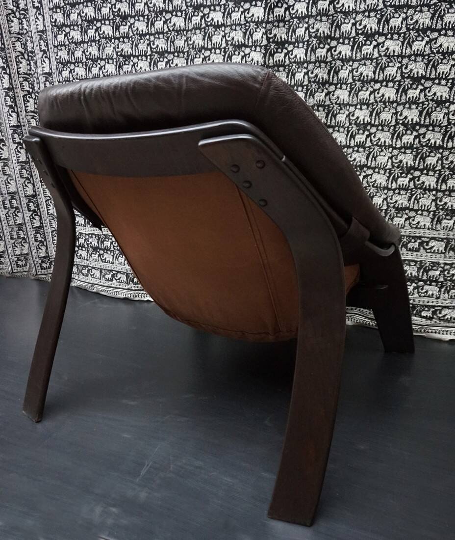 Brutalist brown Leather low Lounge Chair, Norway 1970s