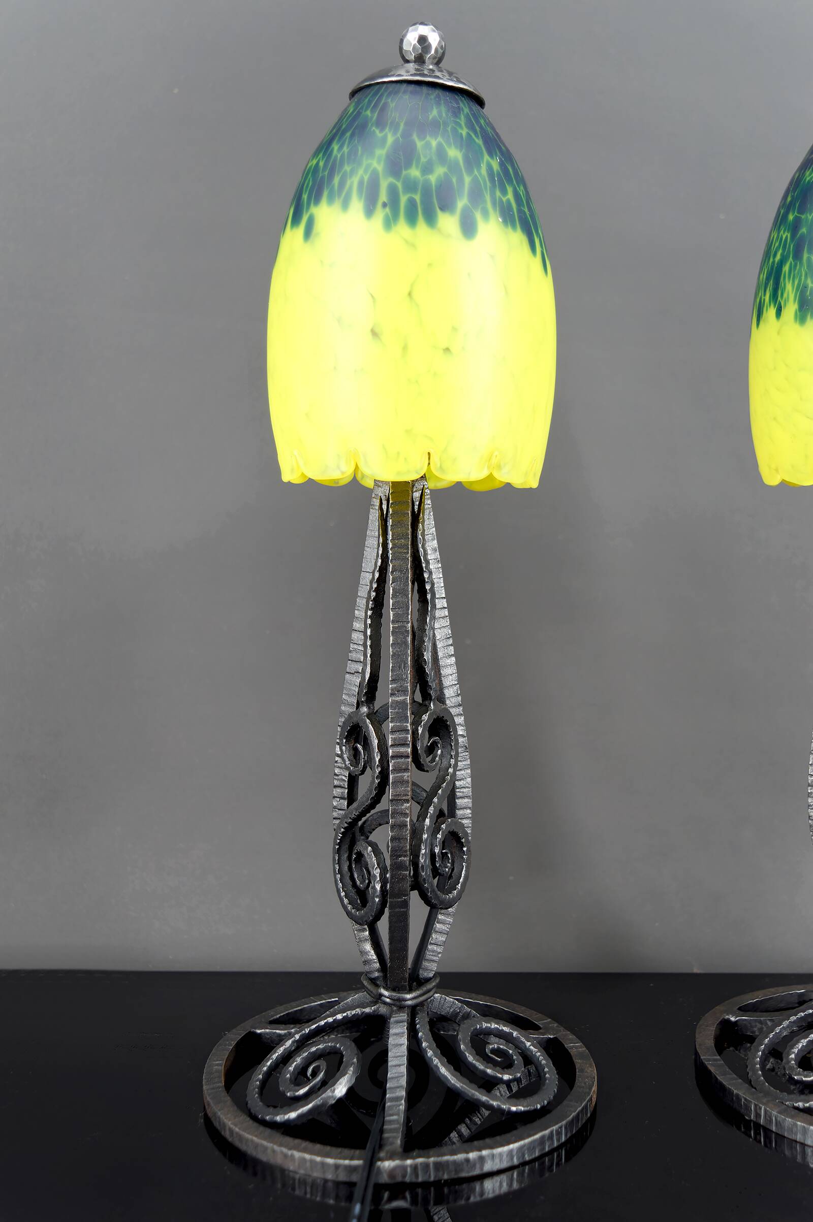 Pair of Wrought Iron & Blown Glass Lamps, France, Art Deco, c. 1930