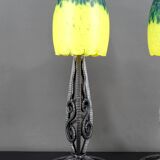 Pair of Wrought Iron & Blown Glass Lamps, France, Art Deco, c. 1930