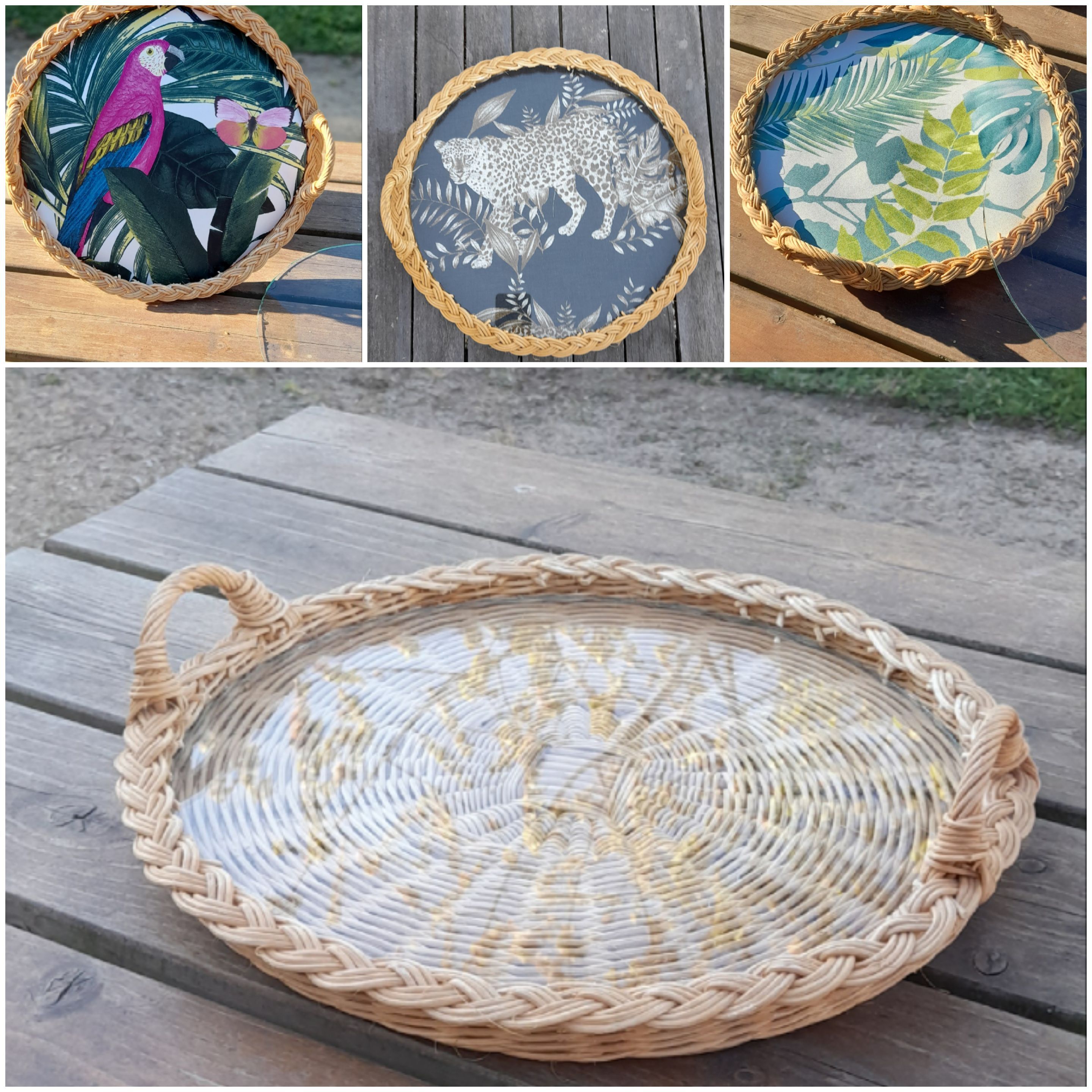 Vintage rattan tray, 2 handles, and glass top