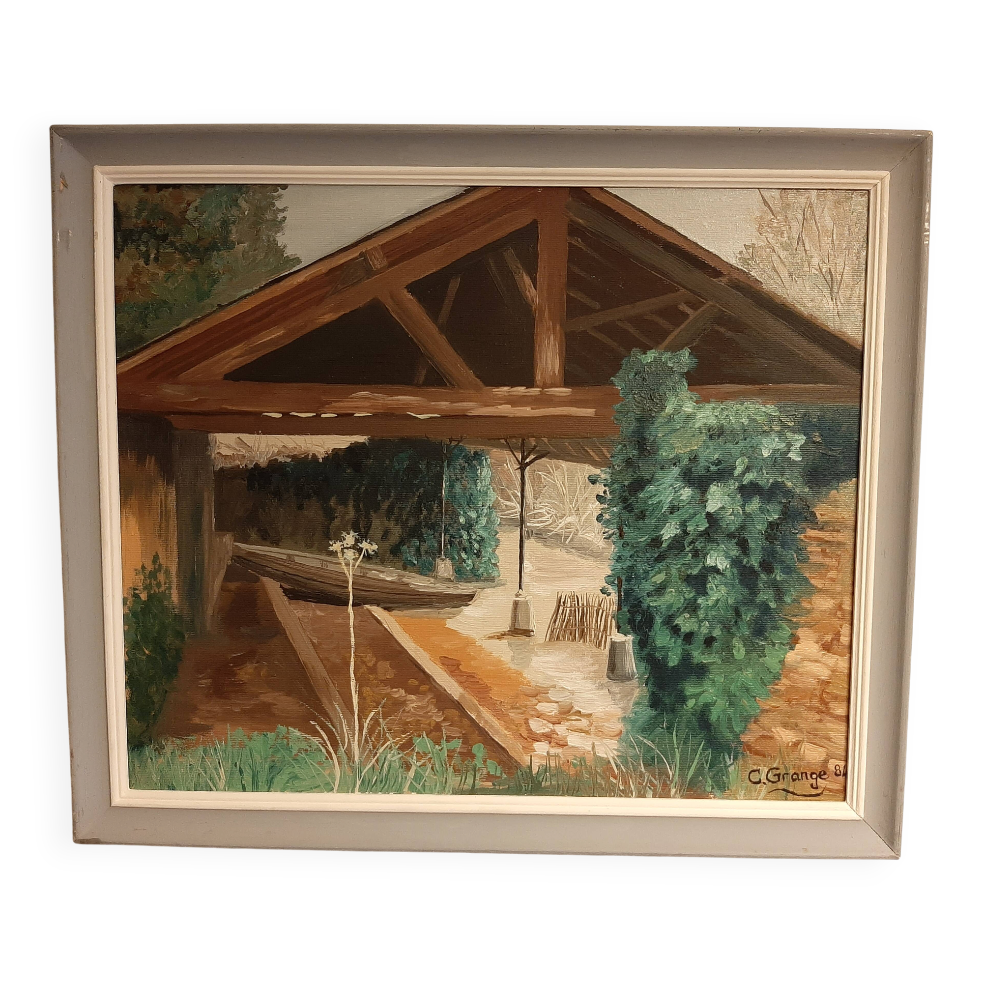 Huile sur toile représentant un abri à barques à Montbazon