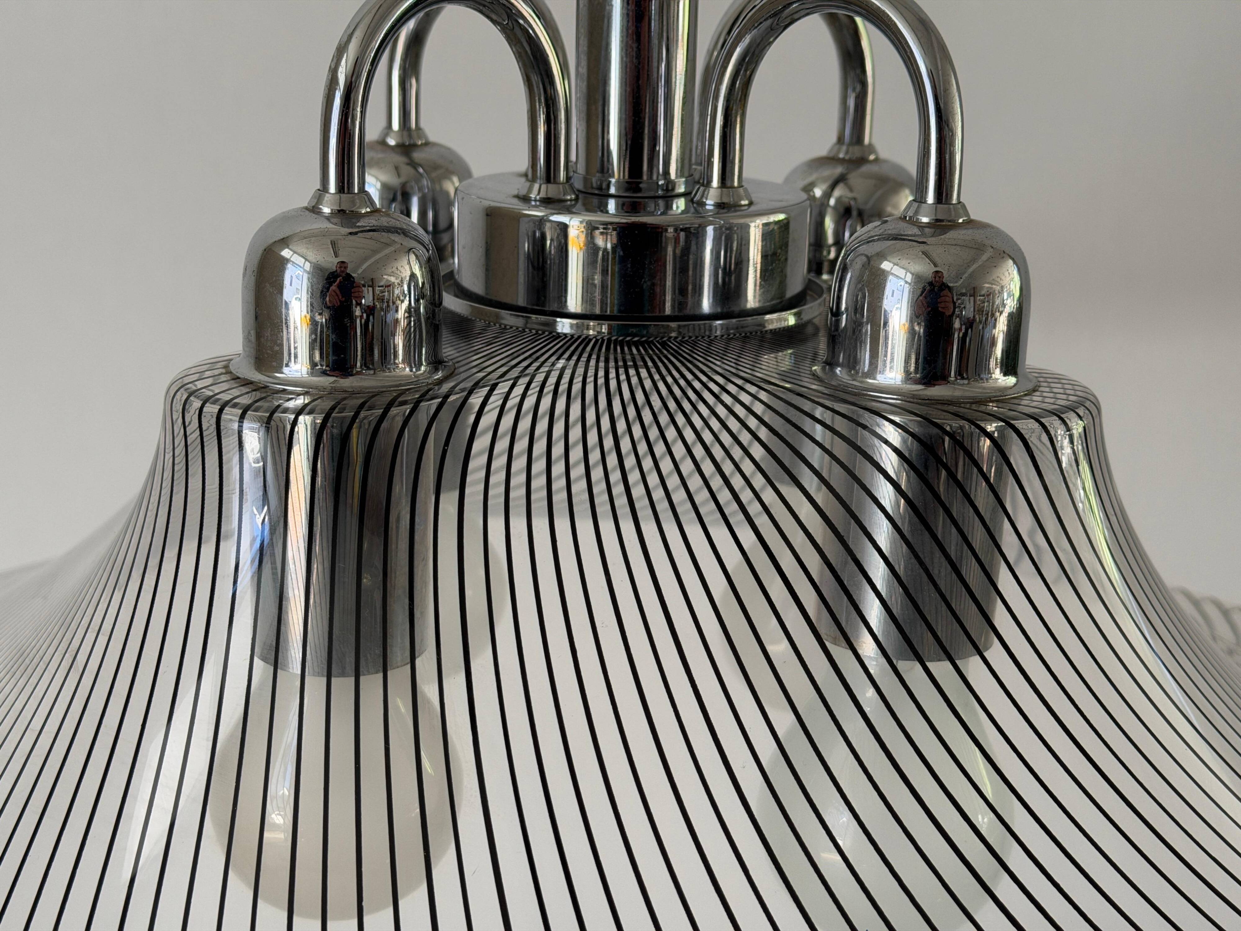 Suspended lamp with 4 sockets, chrome body and plexiglass shade, 1970s, Germany.