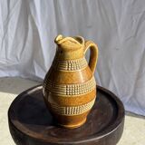 Vintage yellow stoneware carafe with beaded friezes Made in France H22